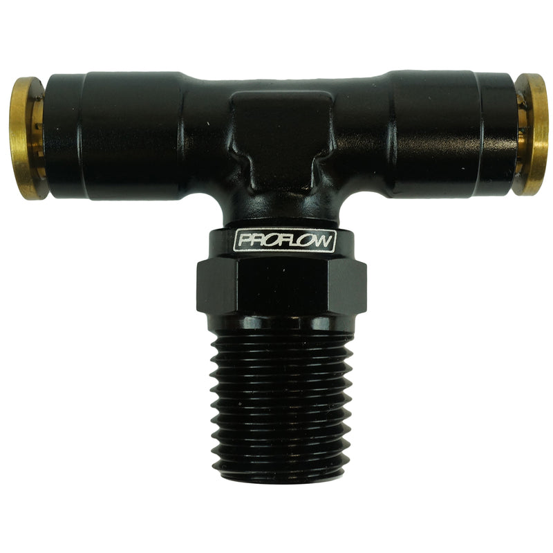 Proflow Fitting, Push To Connect Nylon Tube Tee 1/4in. Nylon Tube To 1/4in. NPT, Black