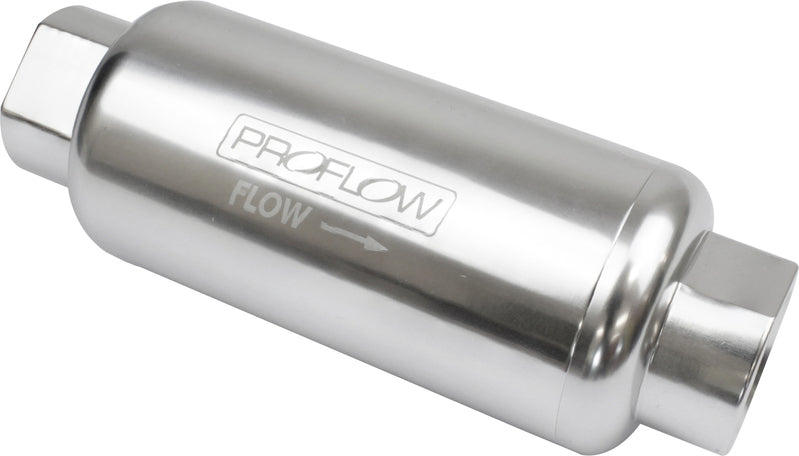Proflow Fuel Filter, Inline Mount, Billet Aluminium, Silver Anodised, 10 Microns, 88mm Total Length -8 AN Inlet/Outlet, Each