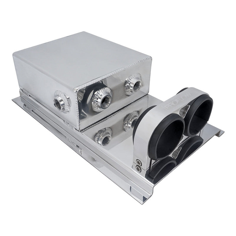 Proflow Fuel Surge Tank Fabricated Aluminium, Square Slim, 044 Pump Mounts, 80mm x, 200mm x 180mm, 2.5L, AN Fitting Kit, Polished