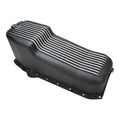 RTS Oil Pan, Cast Aluminum, Machined Finned, Black 4 qt, 1958-79 SB Chev L/H Side Dip Stick, 2 Piece Rear Main,